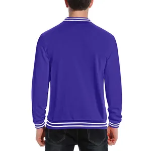 Back view of a men's purple varsity bomber jacket with white striped ribbed trim.