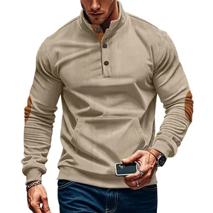 Men's corduroy sweatshirt detail with stand collar, button placket, and elbow patches