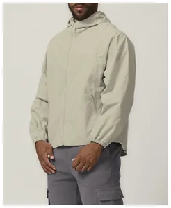 Detailed side view of a lightweight men's outdoor hooded windbreaker jacket in sage green