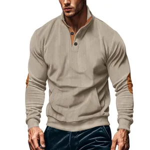 Men's corduroy sweatshirt featuring stand collar and brown elbow patches in light tan