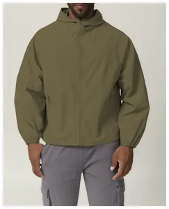 Front view detail of olive green hooded windbreaker jacket with zipper and pockets