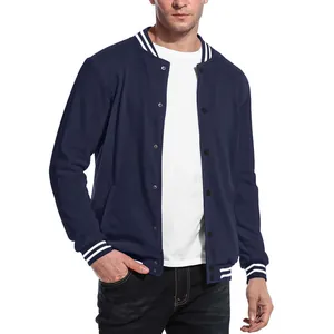 Detailed view of a navy blue vintage men's baseball jacket with striped collar and cuffs