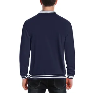 Back view of a navy blue men's retro baseball jacket with striped ribbed trim details