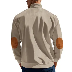 Men's corduroy sweatshirt with stand collar and contrast elbow patches, back view