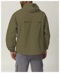 Back view of men's olive green windproof hooded jacket with breathable back vent