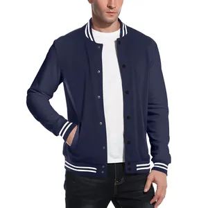 Detail view of a navy blue varsity jacket with striped rib-knit cuffs and button closure.