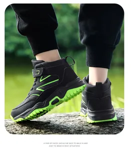 Boys' high-top outdoor hiking shoes with neon green soles for rugged trekking