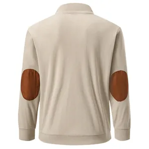 Back view of beige men's corduroy stand collar sweatshirt with brown elbow patches