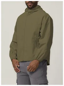 Professional studio shot of an olive green hooded windproof outdoor jacket on model