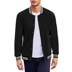 Men's American retro black varsity jacket with striped collar and cuffs detail