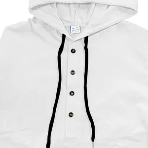 Detailed shot of a men's white hooded cotton shirt with buttons and drawstrings