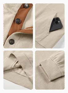 Detail view of men's corduroy sweatshirt showing buttons, pocket, and ribbed cuffs.