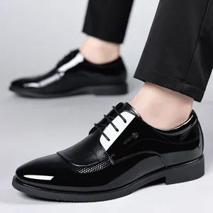 Classic men's shiny black leather dress shoes with lace-up formal business style