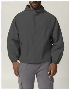 Front view of men's charcoal grey hooded windbreaker jacket for outdoor citywalk and hiking