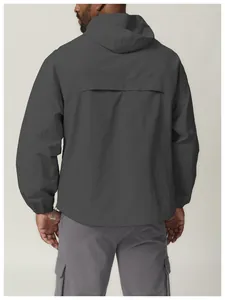 Back view of a charcoal grey hooded windbreaker jacket with water-repellent fabric