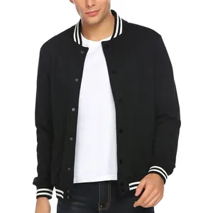Detail shot of men's black fleece varsity jacket with retro white striped collar