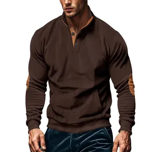 Men's brown corduroy long-sleeve sweatshirt with stand collar and elbow patches