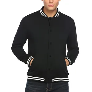Detail view of a black men's vintage fleece varsity jacket with white striped trim.