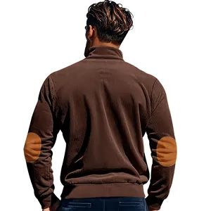 Back view detail of men's brown corduroy sweatshirt with elbow patches texture