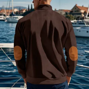 Back view of men's brown corduroy sweatshirt with elbow patch details.