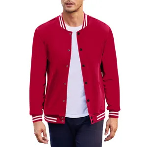 Detail view of men's red varsity jacket with white striped collar and cuffs.