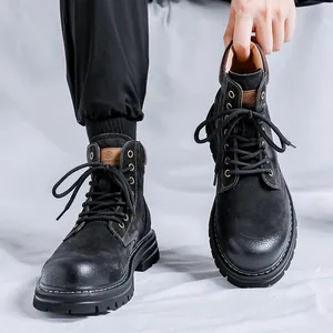 Men's retro black leather high-top Martin boots with durable lug soles for winter.