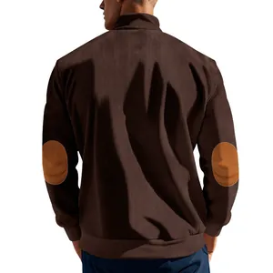 Detailed back view of men's brown corduroy stand collar jacket featuring elbow patches