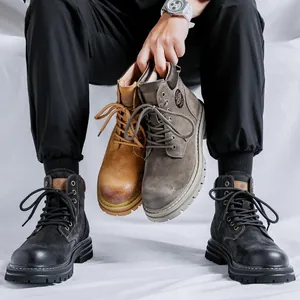 Stylish vintage men's leather high-top Martin work boots in black, tan and grey