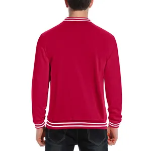 Back view of men's red vintage fleece baseball jacket with white striped ribbing detail