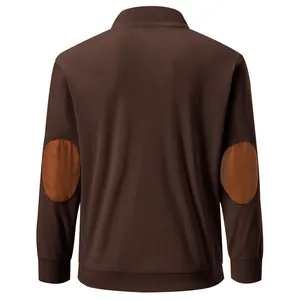 Back view of brown corduroy stand-up collar sweatshirt with elbow patches