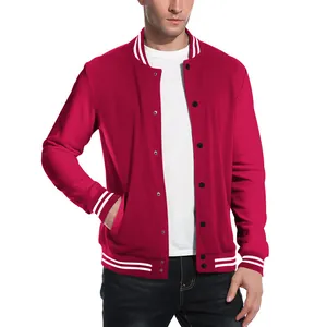 Close-up of men's red varsity jacket with white striped collar and button closure