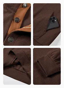 Detailed views of brown corduroy sweatshirt buttons, pocket, hem, and sleeve cuffs.