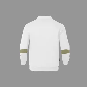 Achteraanzicht van zware polo-sweater voor heren met groene strepen op de mouwen