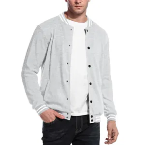 Front view of a grey fleece varsity jacket featuring black buttons and striped cuffs