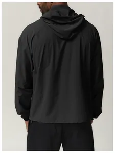 Back view of men's black hooded outdoor windbreaker with professional tailoring