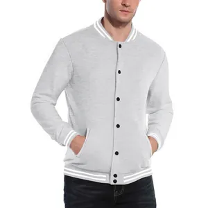 Detailed front view of a gray men's baseball jacket with white striped ribbed collar.