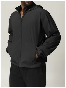 Detailed side view of a men's black hooded water-repellent windbreaker sports jacket