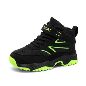 Boys high-top outdoor hiking sneakers in black and neon green with durable rugged sole