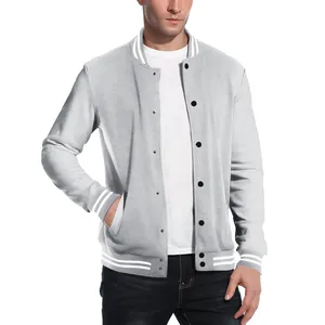 Grey fleece varsity jacket for men with striped ribbing and button closure