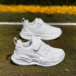 Kids White Sneakers For Boys Girls Breathable Synthetic Leather Sport Shoes With Hook And Loop Soft Sole Running Shoes