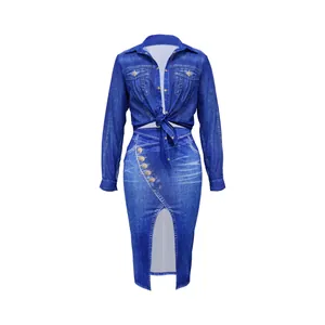 Two-piece women's denim print chiffon long sleeve top and midi skirt set with slit.
