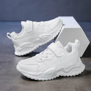 White children's lightweight sports running shoes with soft sole and velcro straps