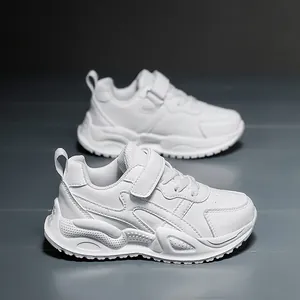 Kids white athletic sneakers with hook-and-loop straps for boys running and sports