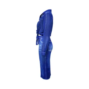 Side view of women's two-piece set featuring realistic denim print on soft fabric.