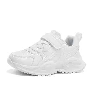 Minimalist white kids running shoes featuring durable leather upper and soft cushion sole