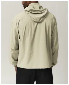 Back view of beige men's hooded sun protection jacket with water-repellent fabric