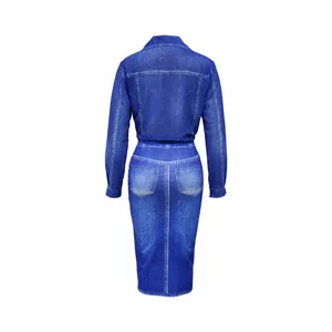 Back view of a two-piece chiffon set with realistic blue denim print and pockets.