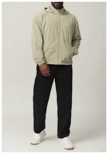 Front view of men's water-resistant hooded sports windbreaker jacket in beige