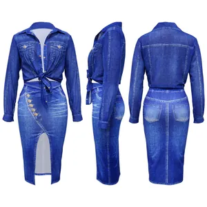 Detailed three-view of women's faux denim print chiffon shirt and midi skirt set