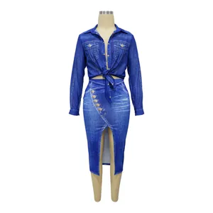 Full view detail of women's faux denim print set with tie-front shirt and midi skirt
